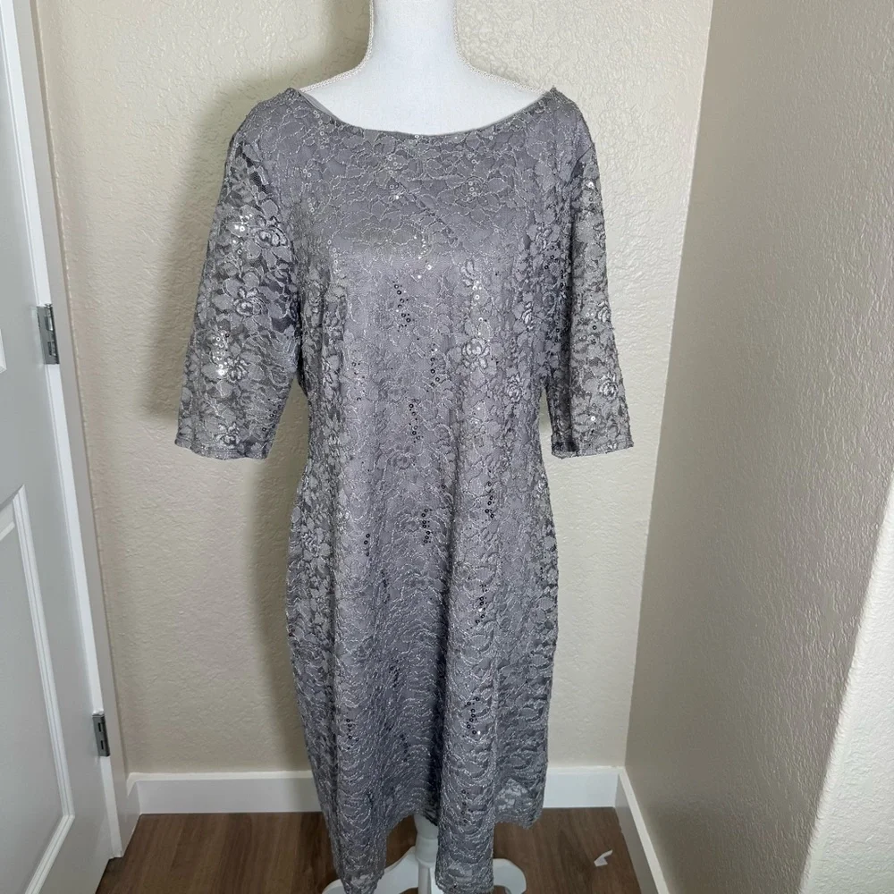NY Collection Silver Lace Dress with Sequins Size 2X  Formal Evening Wedding - Picture 2 of 8